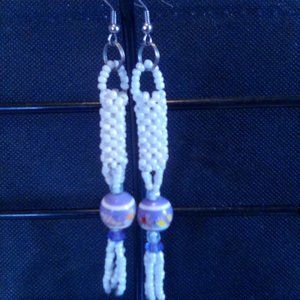 Hand Crafted  White Tassel Earring with Purple Bead